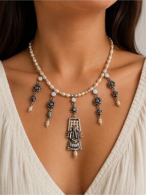 Pearl and Oxidized Sterling Silver Pendant Choker Necklace